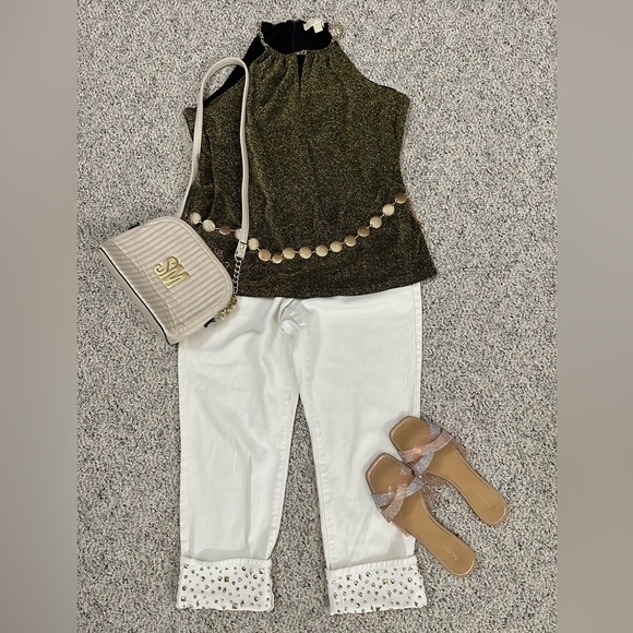 MICHAEL KORS womens size 10 Sexy Boyfriend ivory gold studded cuffed denim jeans - Picture 14 of 14